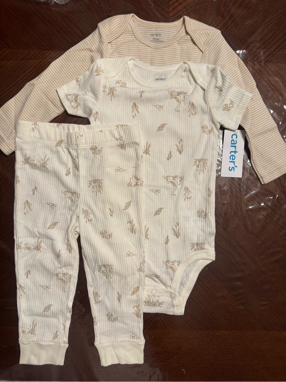 Carter's NWT Baby boy Cream & Beige Ribbed Pants Set Short&Long sleeve bodysuits